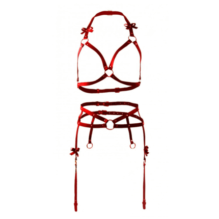 Портупея та пояс для панчох з бантиками Candy Hero "Kit17" з екошкіри, червоні