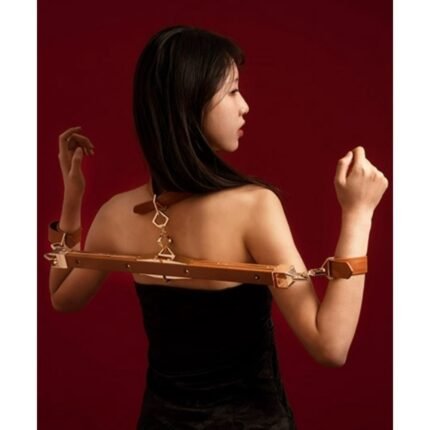 Розпірка для бондажу з поножами та нашийником Lockink, натуральна шкіра та метал, коричнева, 55-100