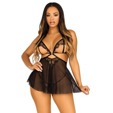 Сексуальний пеньюар S Leg Avenue Love Language, у комплекті стрінги, чорний