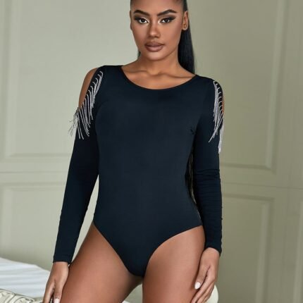 Чорний боді з довгими рукавами Star Night і пензликами з ланцюжків, L