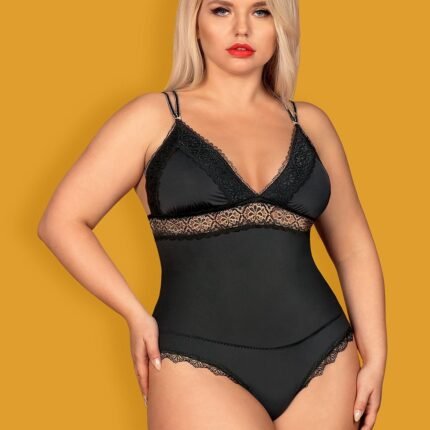 Еротичний боді з атласу з елементами мережива Obsessive Lolitte та відкритою спиною, чорний, XXL
