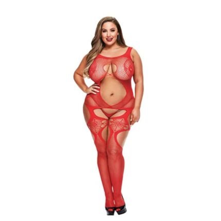 Комбінезон у дрібну сітку з візерунками Lapdance Lingerie червоний, Size Plus