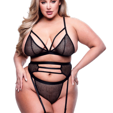 Комплект білизни 3PC STRAPPY BRA, GARTER & PANTY SET BLACK, QUEEN