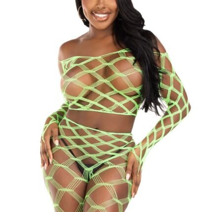 Комплект топ та легінси Leg Avenue Never Say Never у велику сіточку, салатовий, One Size