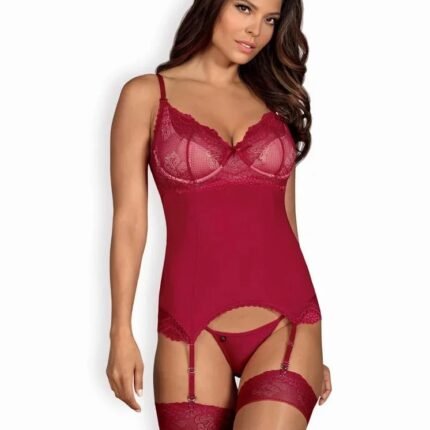 Корсет мереживний із стрінгами Obsessive Rosalyne бордовий, S-M