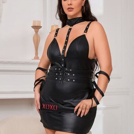 Сукня зі штучної шкіри та ремінцями на руки та шию Star Night з трусиками, чорний, XL