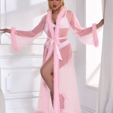 Рожевий сексуальний довгий халатик у сіточку Star Night з обробкою з хутра під норку та поясом, M