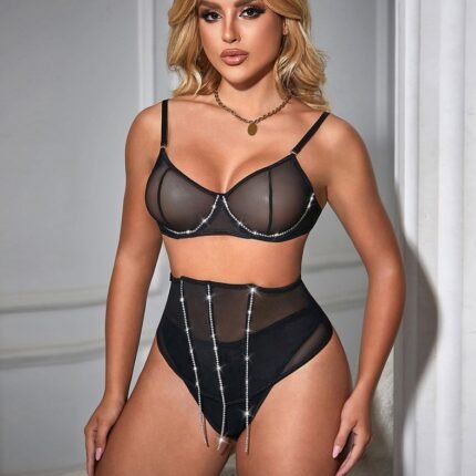 Сексуальний чорний комплект білизни Star Night з декоративними стразами та ланцюжками, M