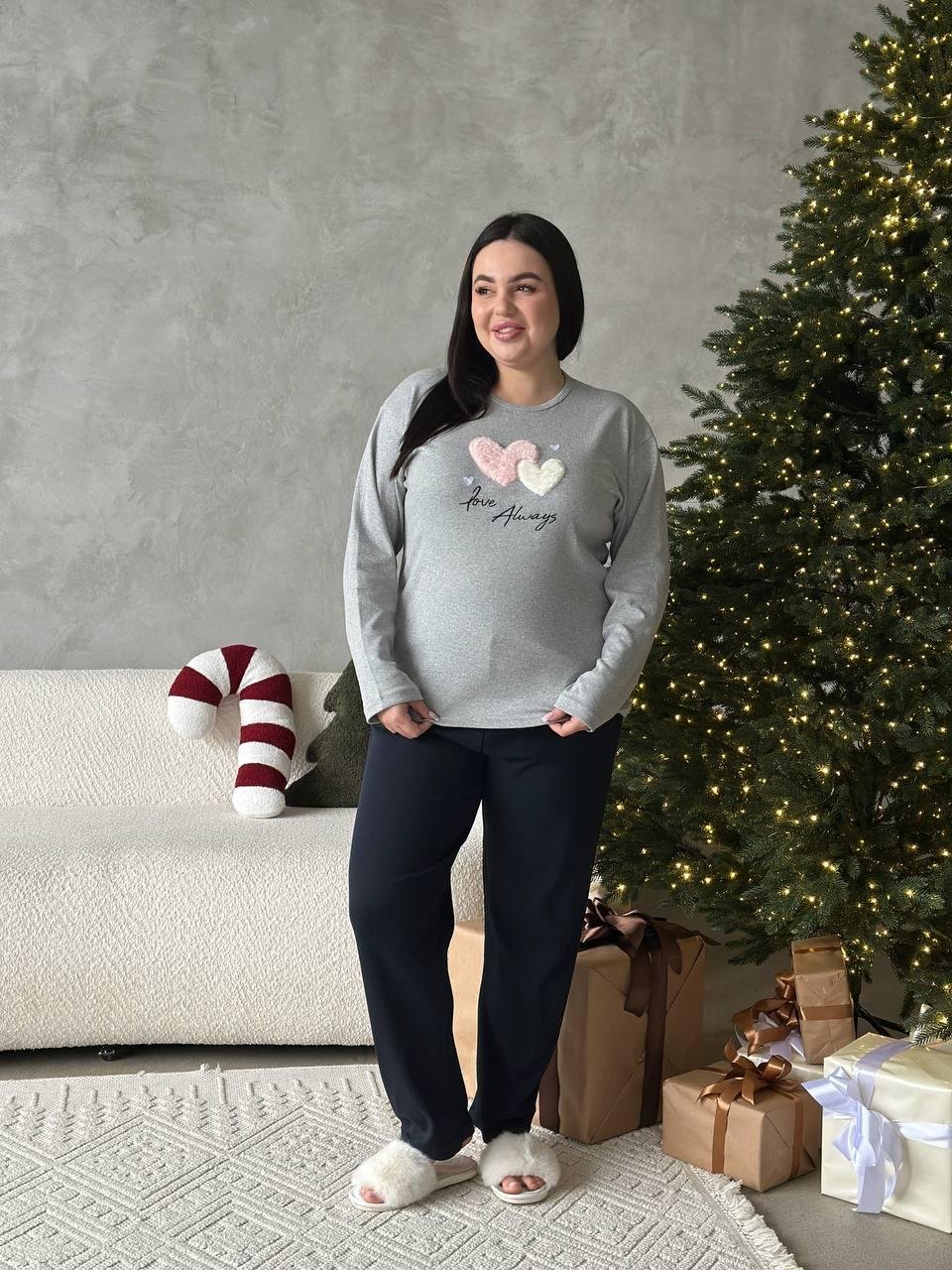 Сіра м'яка піжамка з сердечками - Зображення 12