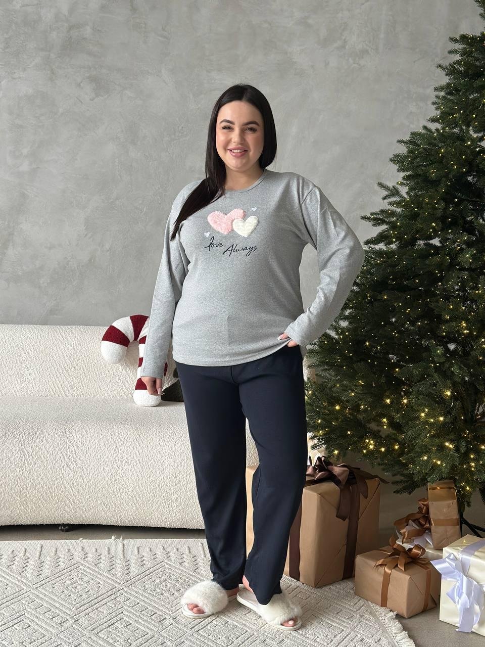 Сіра м'яка піжамка з сердечками - Зображення 8